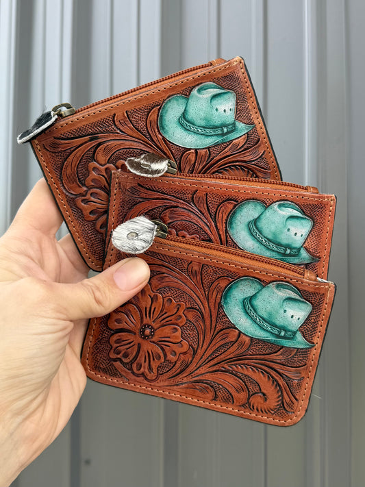 Turquoise Hat Cowhide Tooled Leather Zipper Pouch