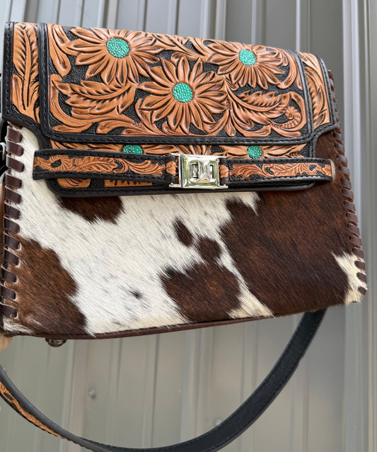Turquoise Flower Tooled Genuine Cowhide Purse