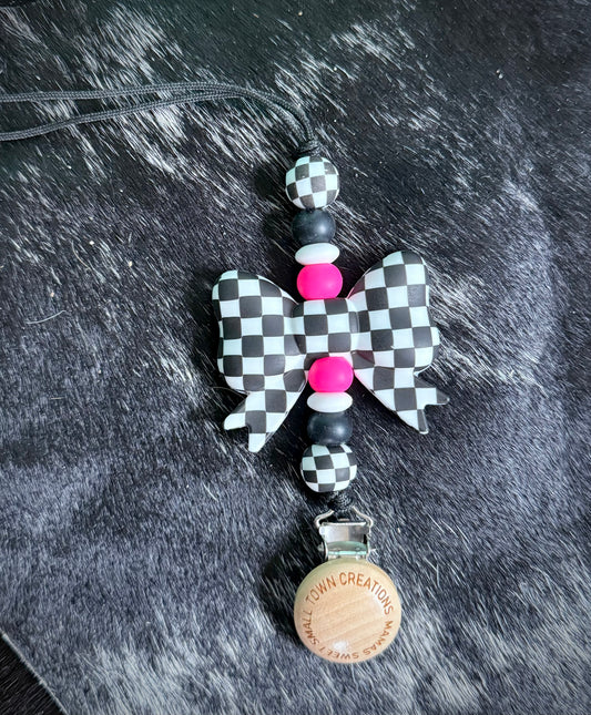 Big Checkered Bow Hot Pink Pacifier Holder