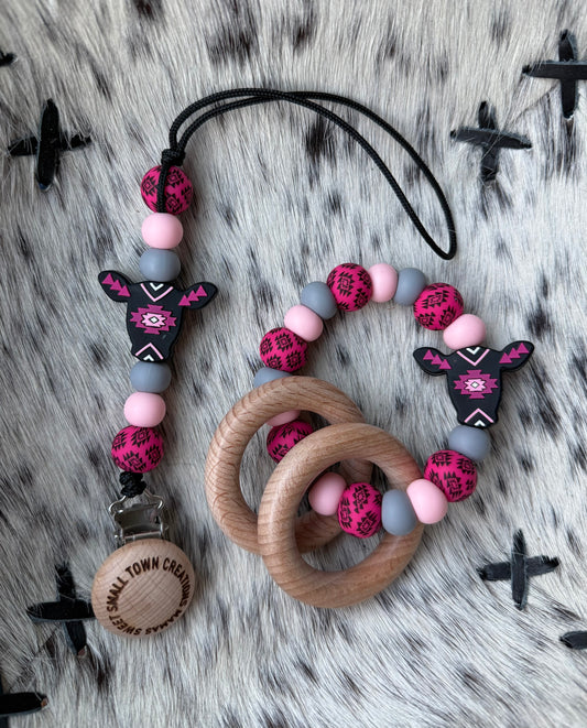 Pink Aztec Cow Gray/ Light Pink Teether Set