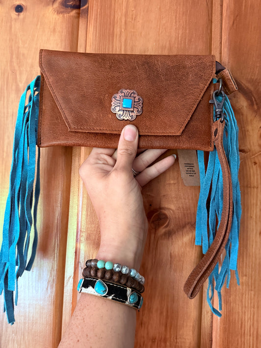 Genuine Leather With Turquoise Concho Wristlet Wallet with Fringe