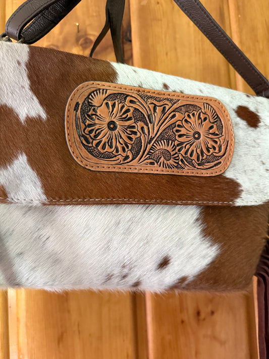 Brown Cowhide Tooled Leather Crossbody Purse