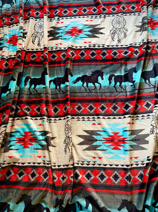 Red / Turquoise Aztec Horse Super Plush King Size Blanket