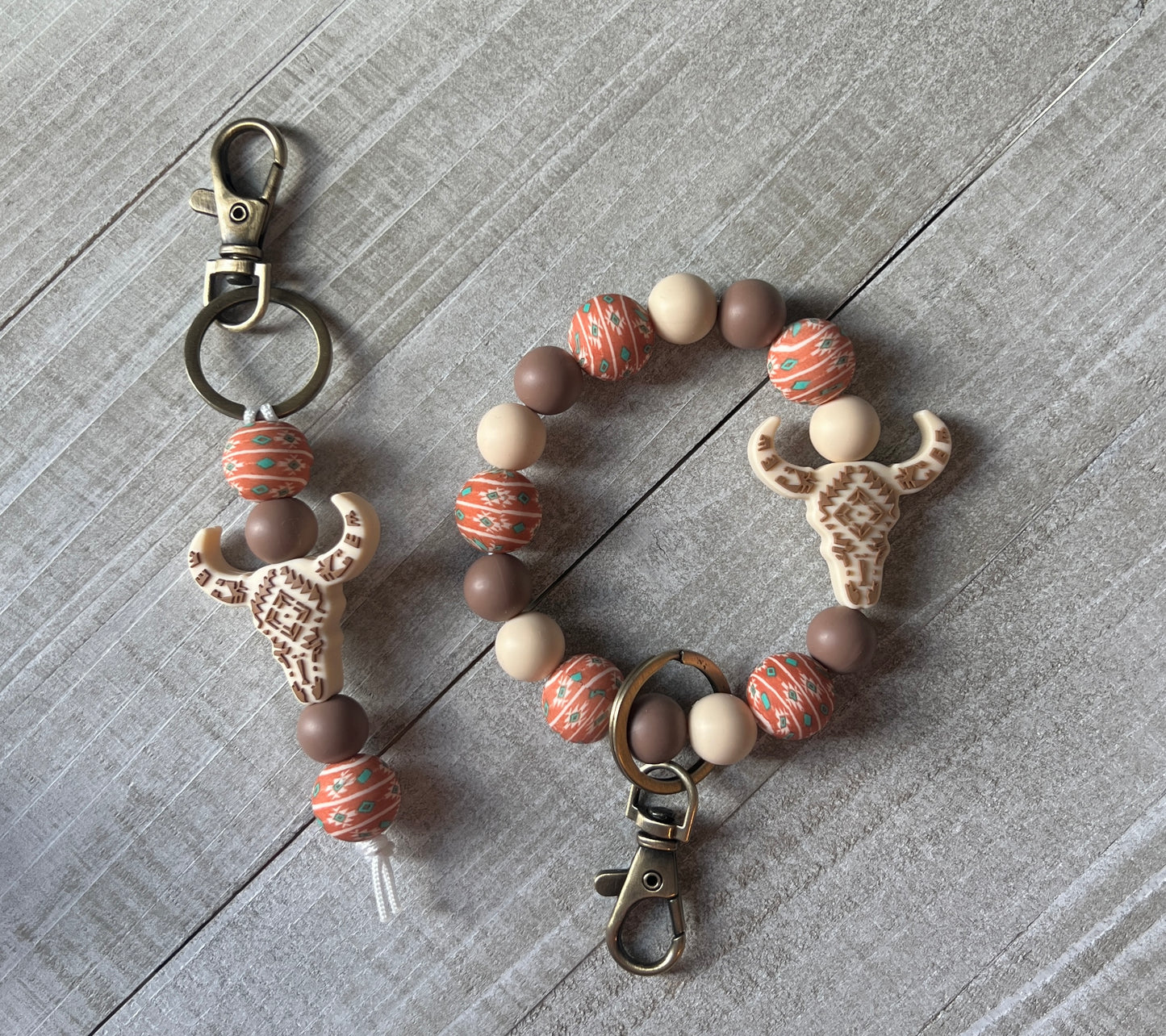 Rust Aztec Beige Cow Skull Keychain Set