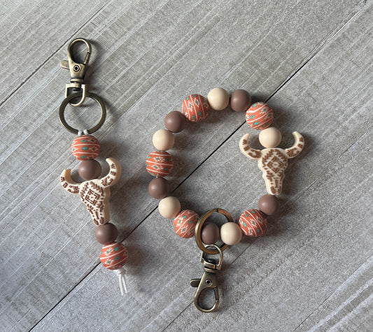 Rust Aztec Beige Cow Skull Keychain Set