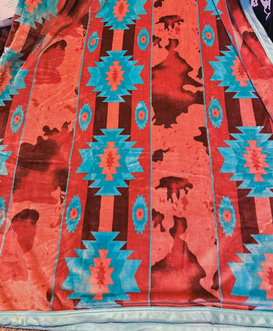 Coral and Turquoise Aztec King Size Super Plush Blanket