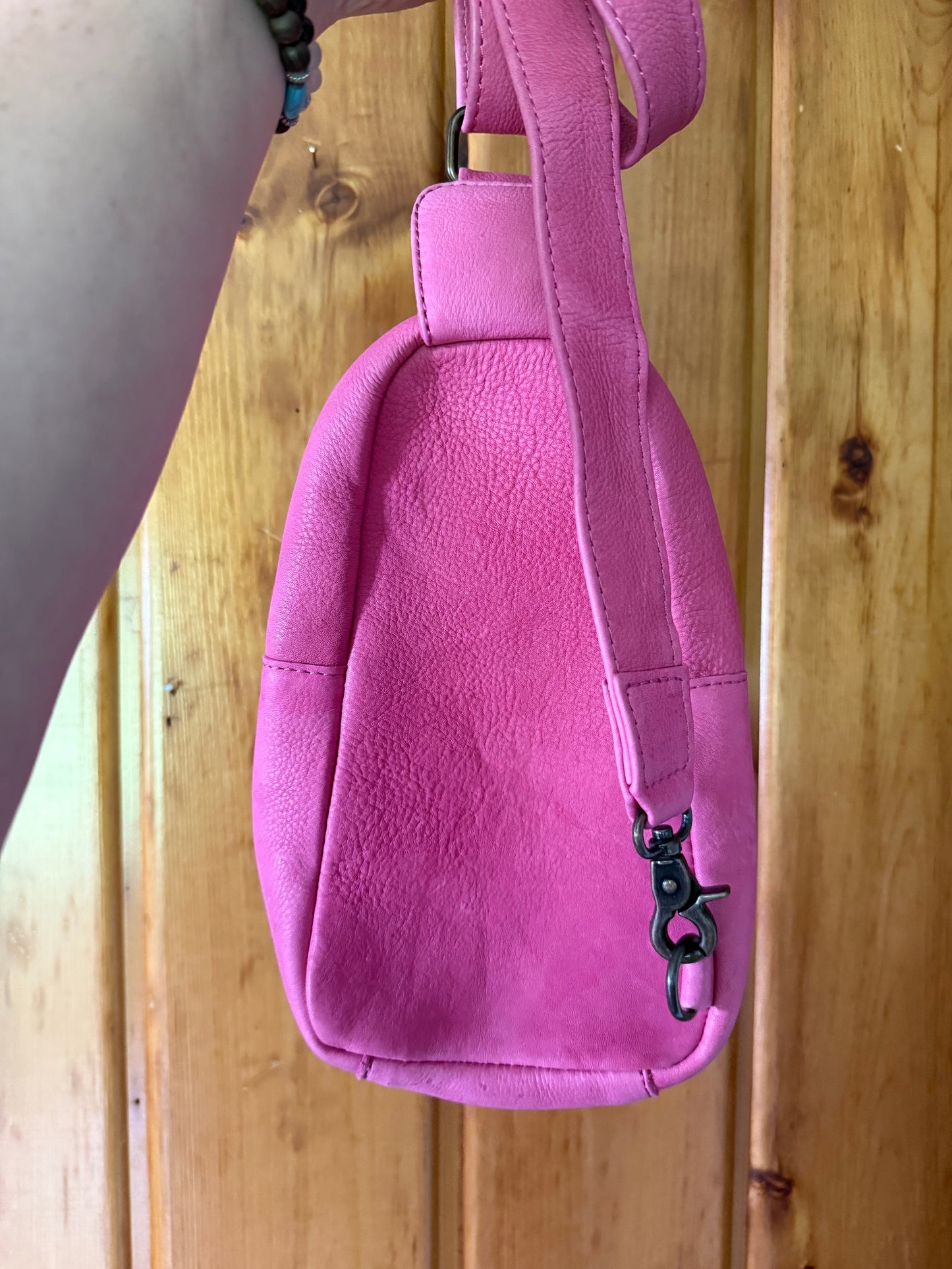 Pink Tooled Leather Sling Bag Purse
