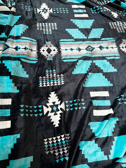Black Turquoise Aztec King Size Super Plush Blanket