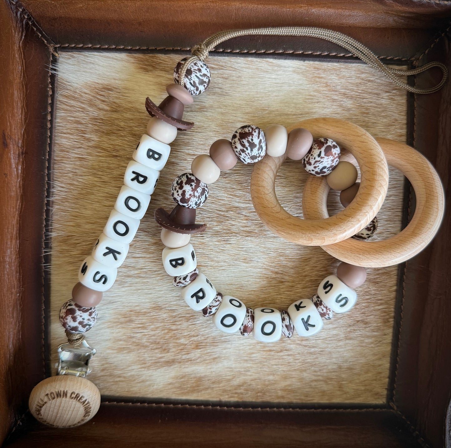 Cowboy Hat Brown Print Teether Set with Name