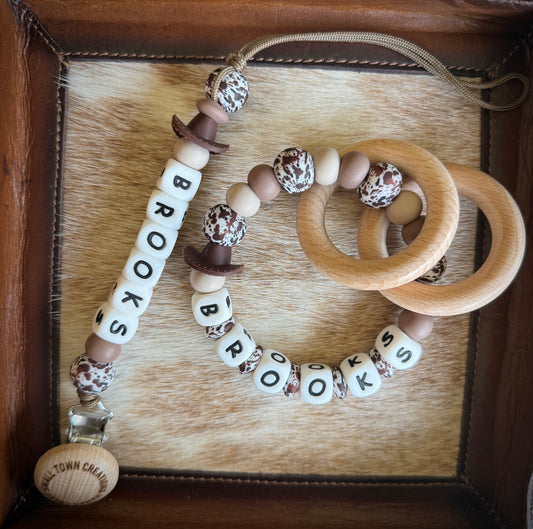 Cowboy Hat Brown Print Teether Set with Name