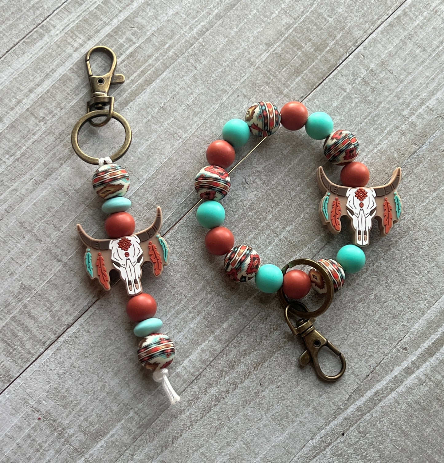 Beige Rust Aztec Boho Cow Skull Keychain Set