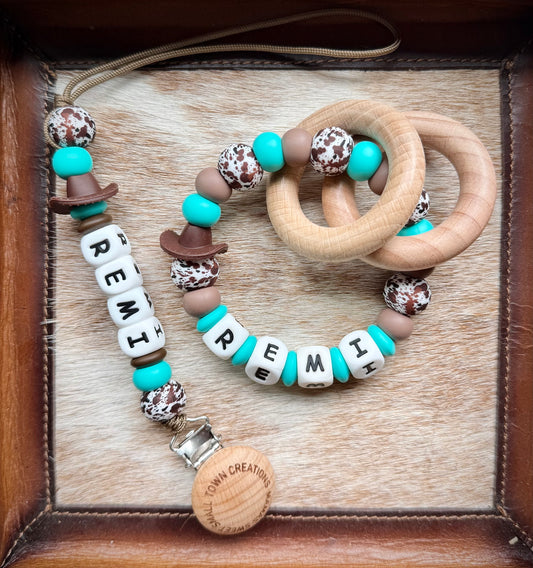 Turquoise Cowboy Hat Brown Cowhide Teether Set