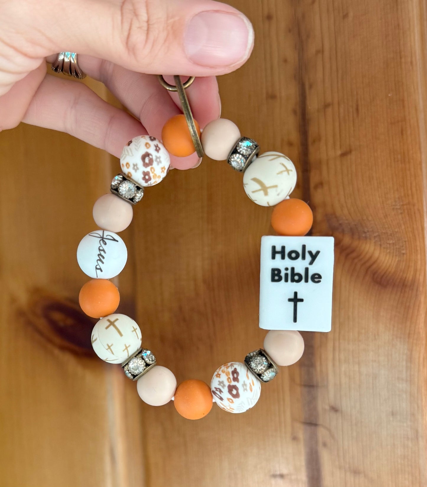 Rust Orange Floral Cross White Bible Wristlet