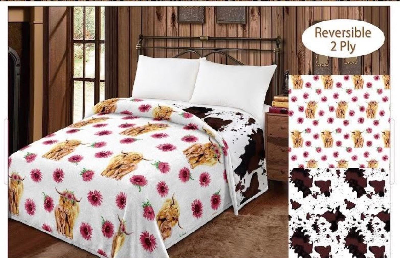 Highland Cow Dark Pink Flower Brown Cowhide Reversible Blanket