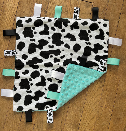 Cow Print Taggie Blanket with Turquoise Backing