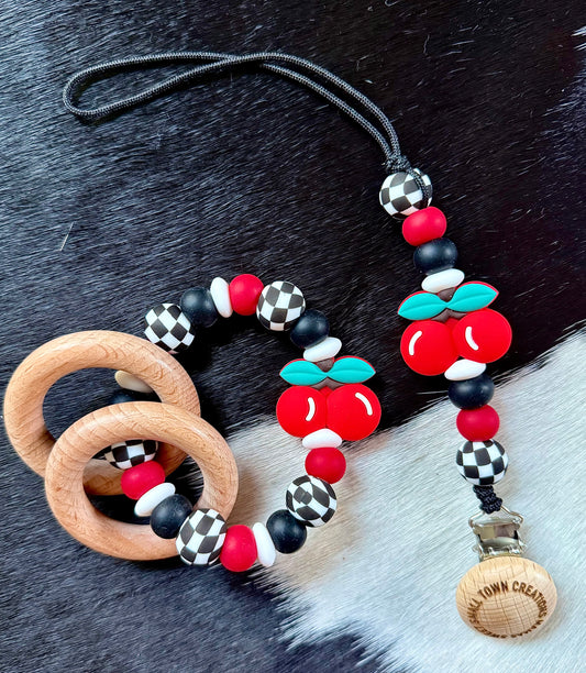 Checkered Cherry Teether Set