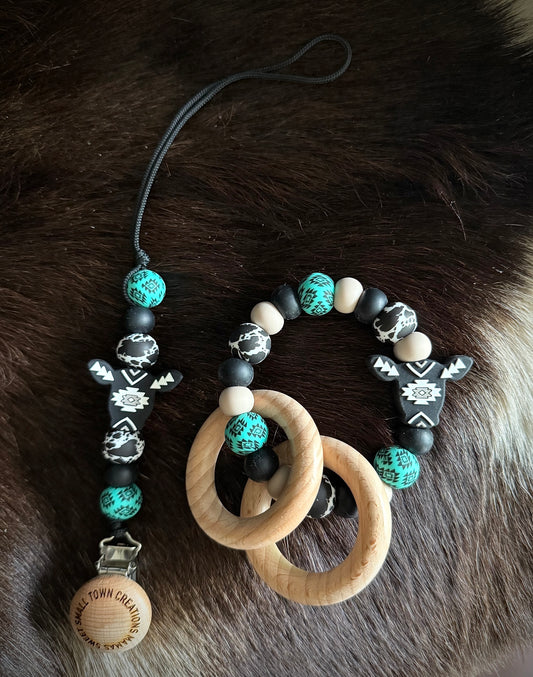 Turquoise Aztec Black Cowhide Teether Set