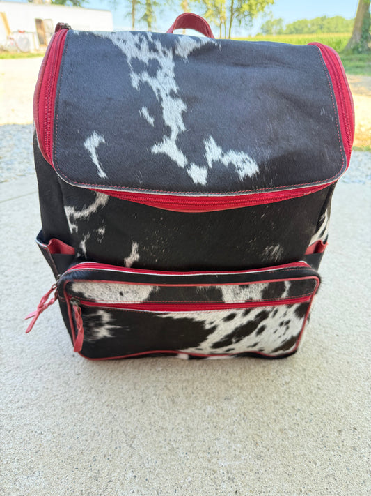 Red Leather Black Cowhide Backpack / Diaper Bag