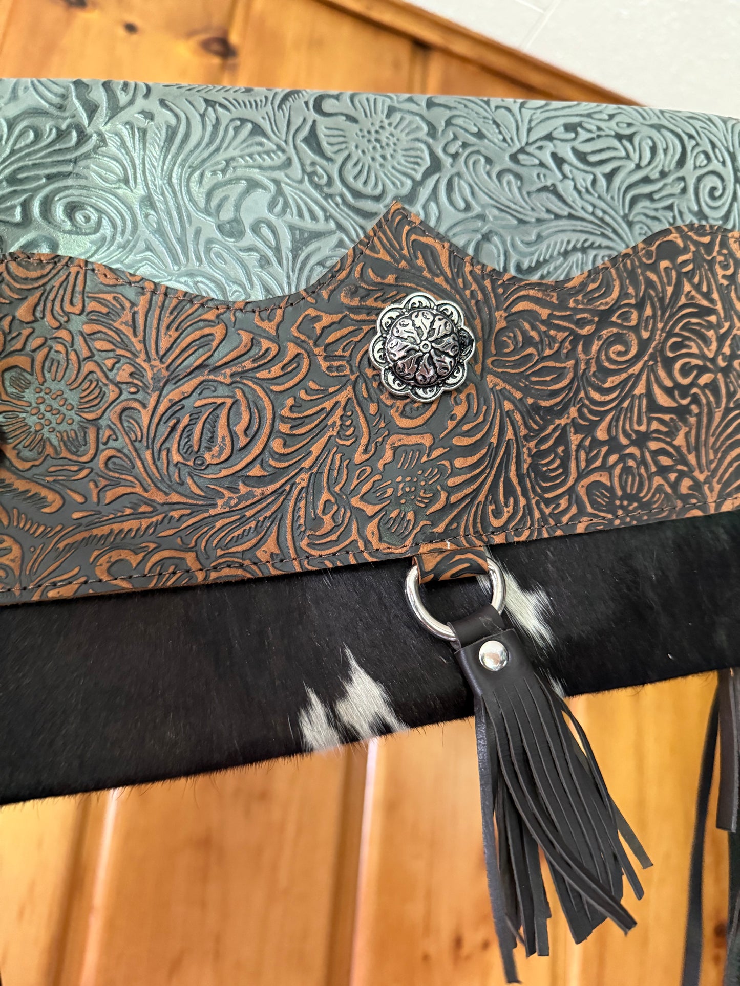 Large Cowhide and Tooled Leather Wristlet