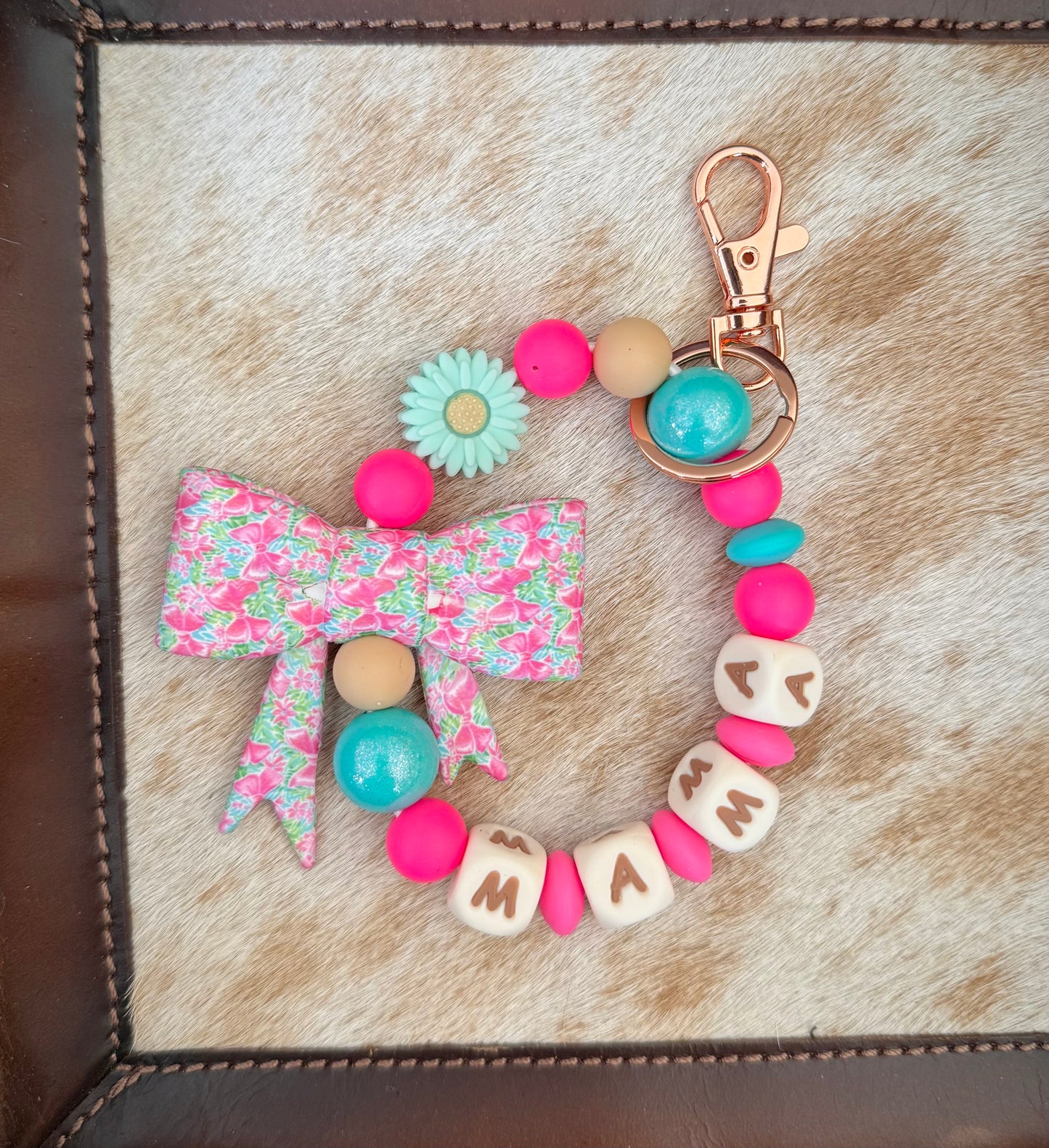Turquoise and Pink Flower Bow Wristlet Keychain
