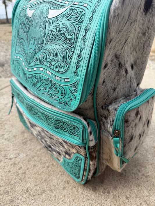 Turquoise Highland Cow Tooled Leather Black Speckled Cowhide Backpack / Diaper Bag