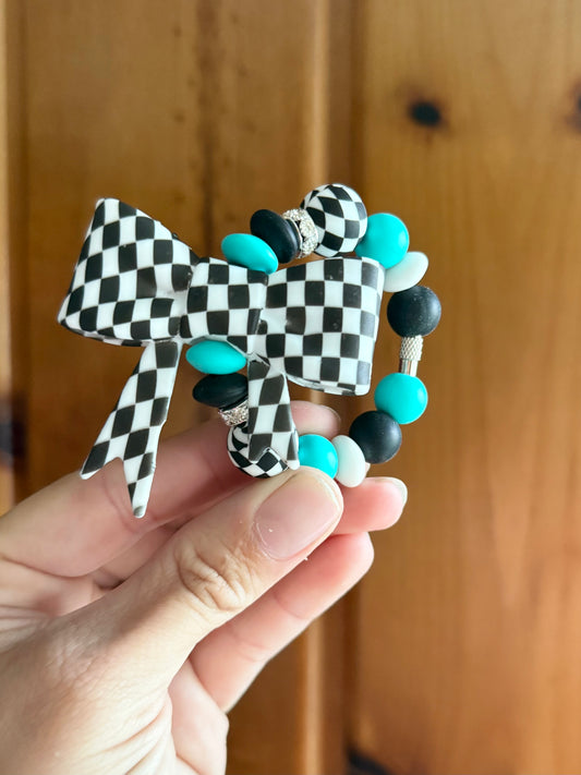 Checkered Bow Turquoise Cup/Bag Charm