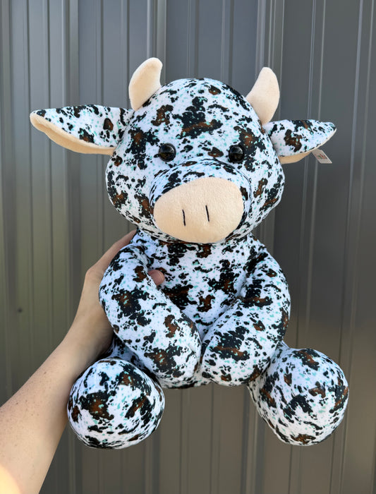 Large Plushie Brown Cowhide Turquoise Splatter Sitting Cow