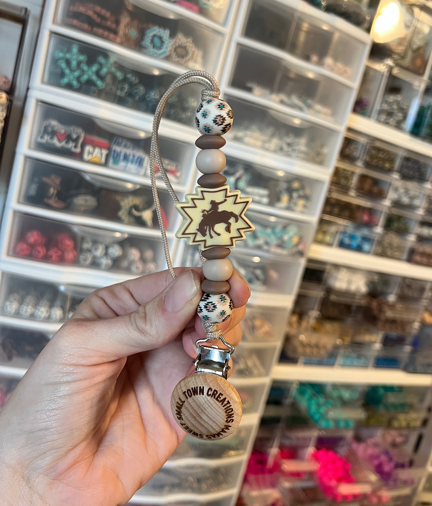 Bucking Horse Beige Aztec Turquoise/ Coral Pacifier Holder