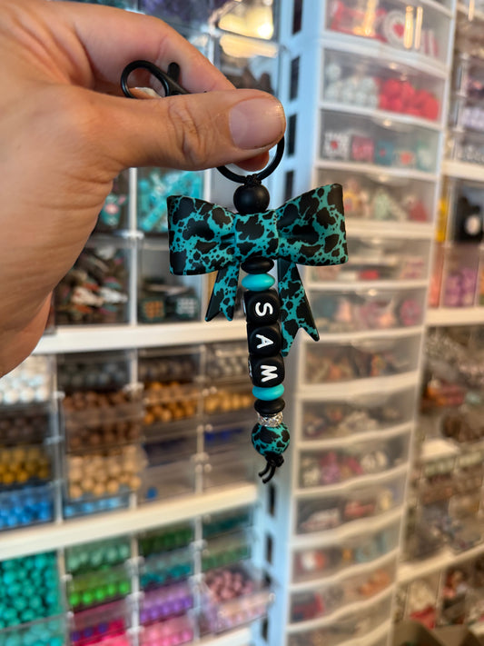 Custom Name Turquoise Cowhide Bow Keychain