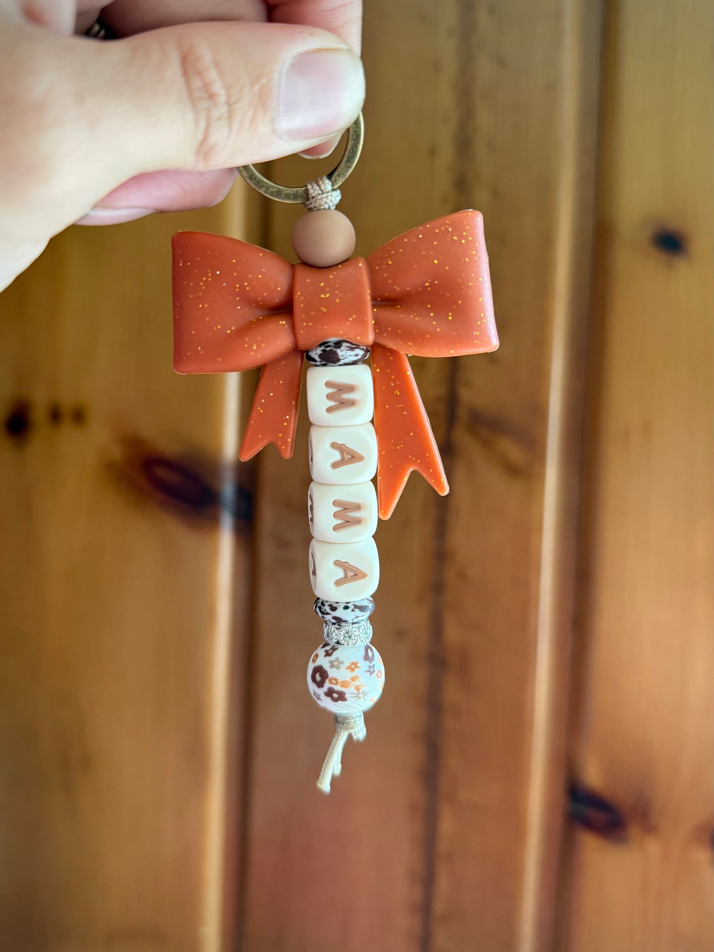 Rust Glitter Bow Fall Floral Mama Keychain