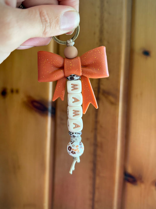 Rust Glitter Bow Fall Floral Mama Keychain