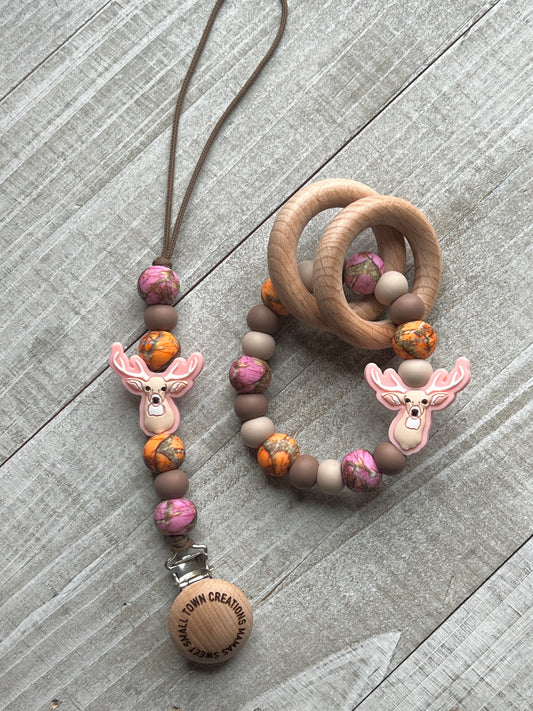 Pink And Orange Camo Deer Teether Set
