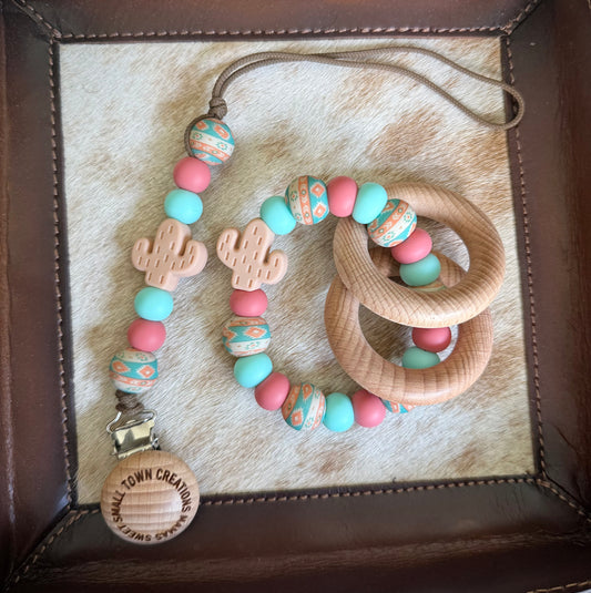 Coral/Turquoise Beige Aztec Cactus Teether Set