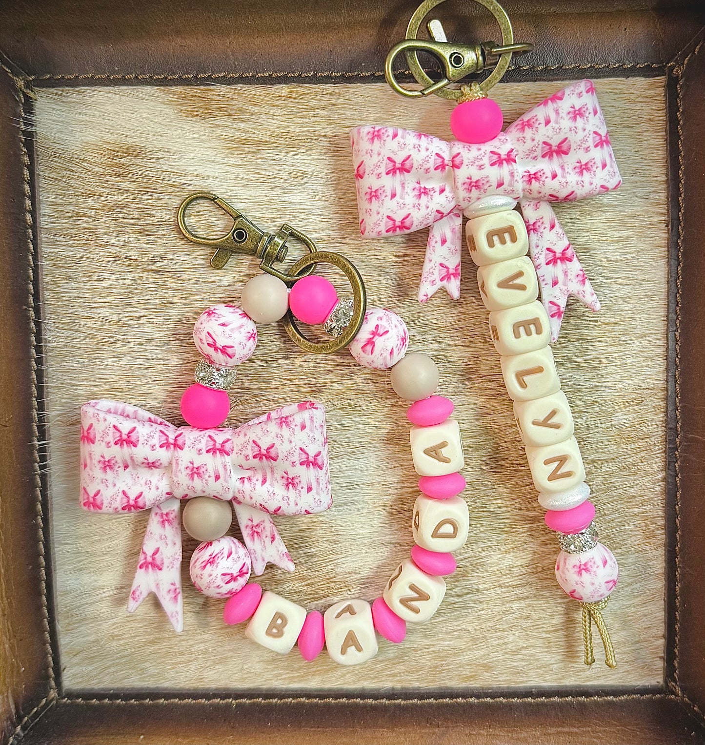 Pink Ribbon Bow Custom Name Keychain Set