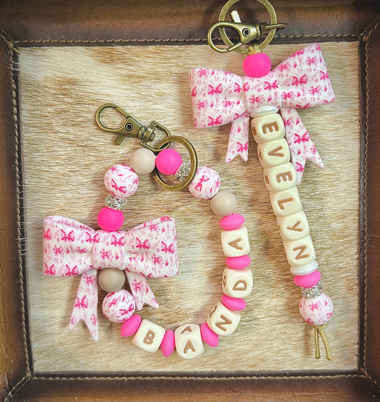 Pink Ribbon Bow Custom Name Keychain Set