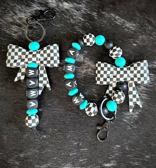 Mama Bow Turquoise Checkered Keychian Set