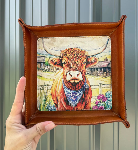 Genuine Brown Highland Cow Flower Bandanna Leather Tray
