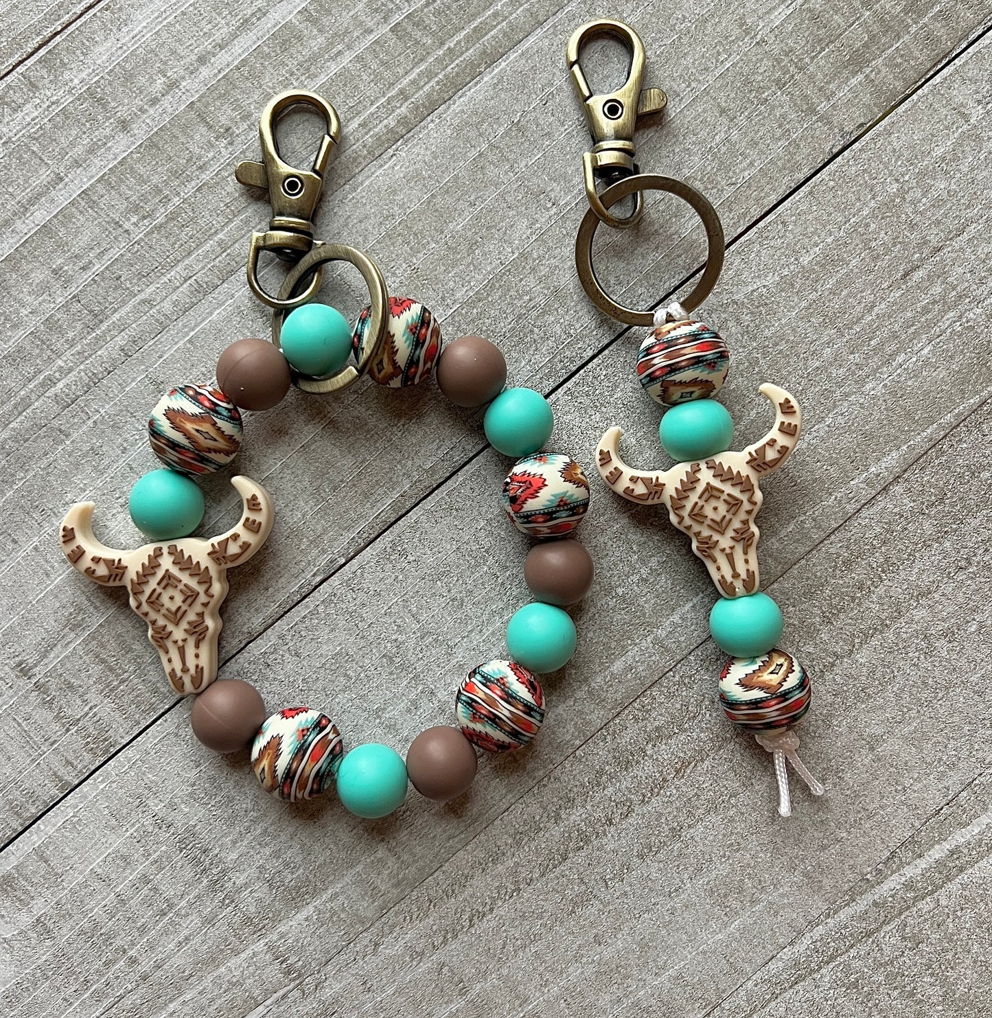 Beige Aztec Cow Skull Turquoise Keychain Set