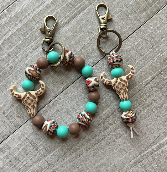 Beige Aztec Cow Skull Turquoise Keychain Set