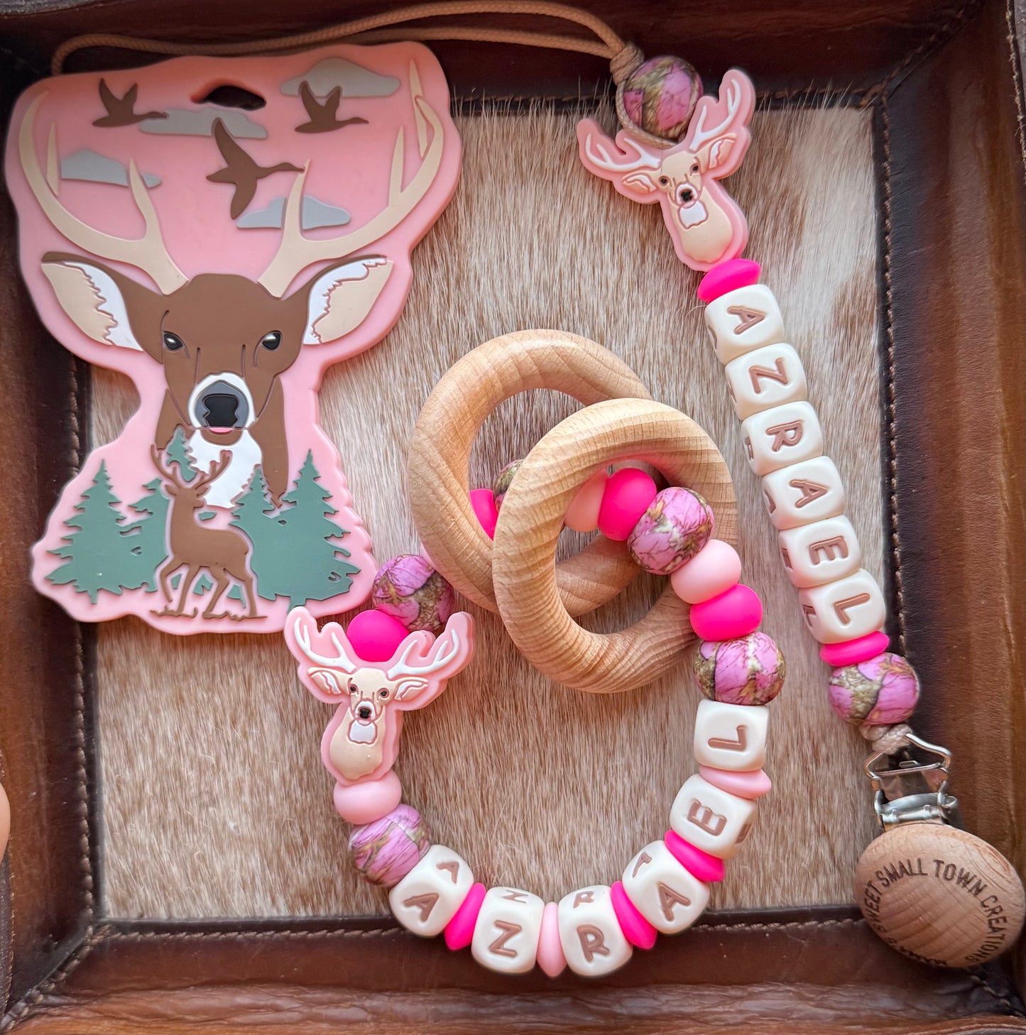 Pink Camo Pink Deer Teether Set with Custom Name
