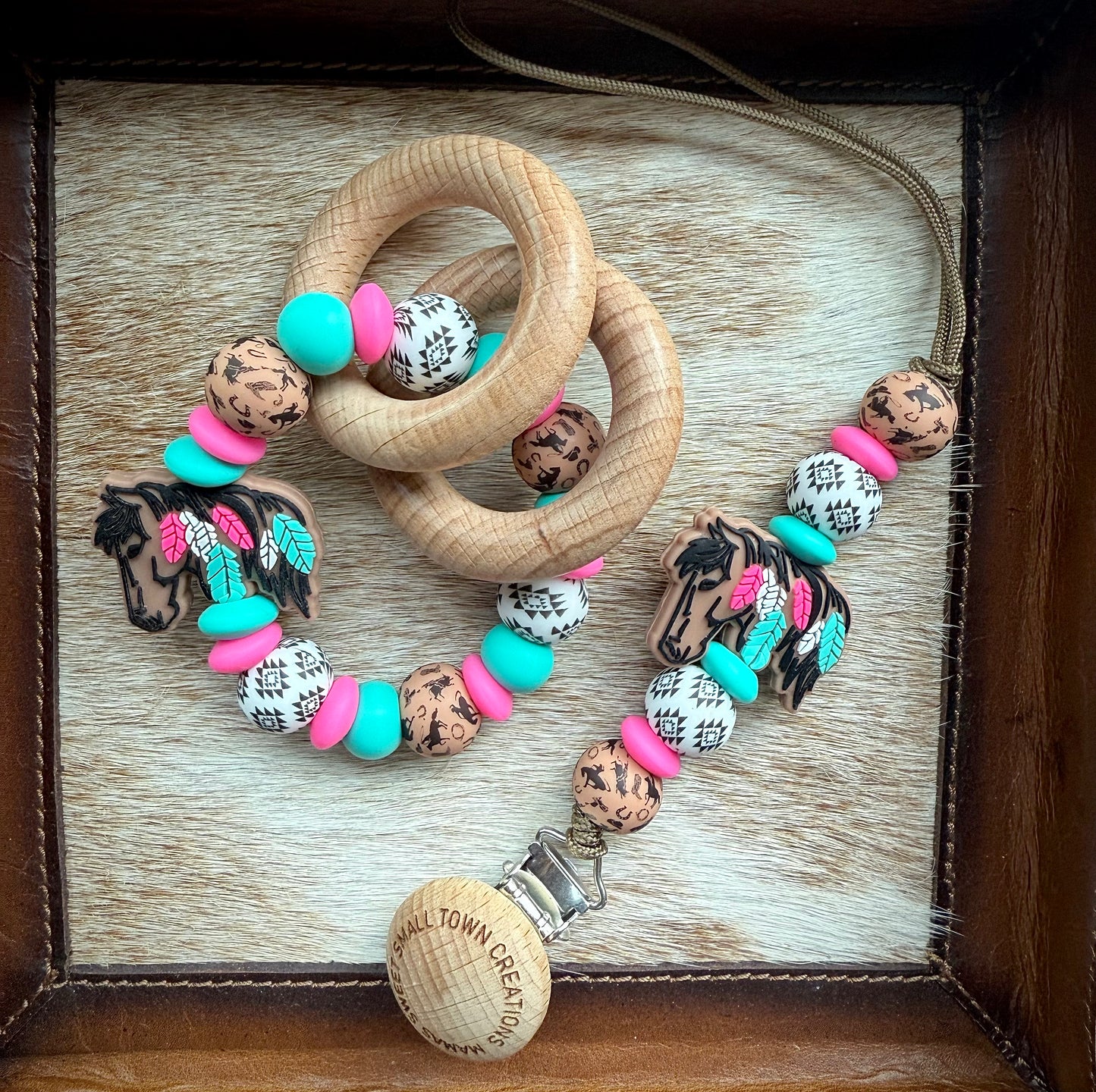 Feathered Horse White Aztec Pink and Turquoise Brown Teether Set
