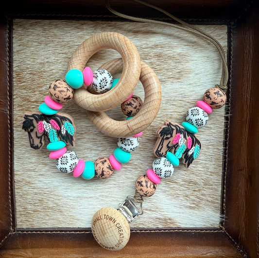 Feathered Horse White Aztec Pink and Turquoise Brown Teether Set