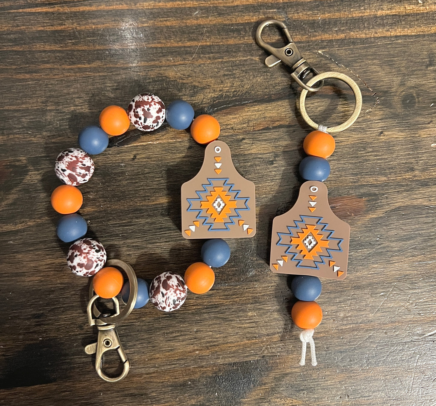 Rust and Denim Aztec Cow Tag Keychain Set
