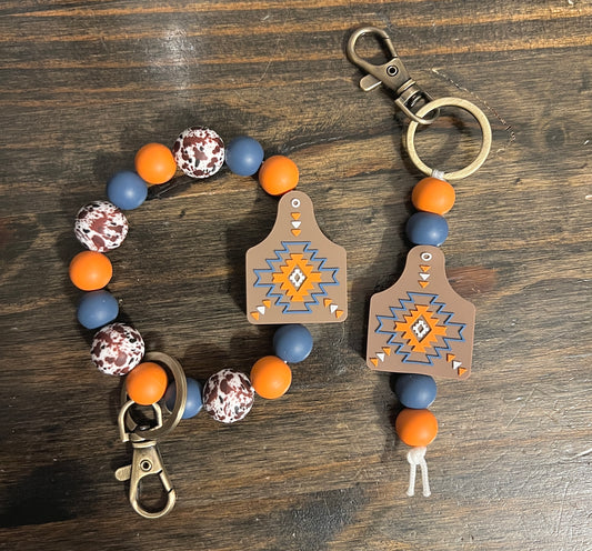 Rust and Denim Aztec Cow Tag Keychain Set