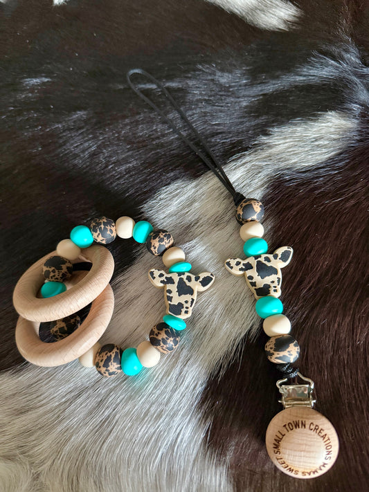 Brown/Black Cowhide Turquoise Teether Set