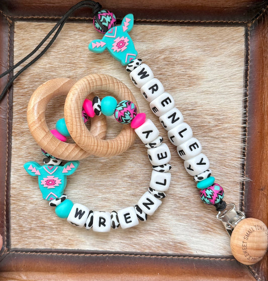 Pink / Turquoise Aztec Cow with Custom Name
