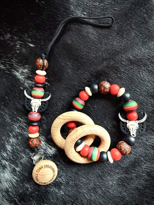 Red Serape Tooled Leather Teether Set