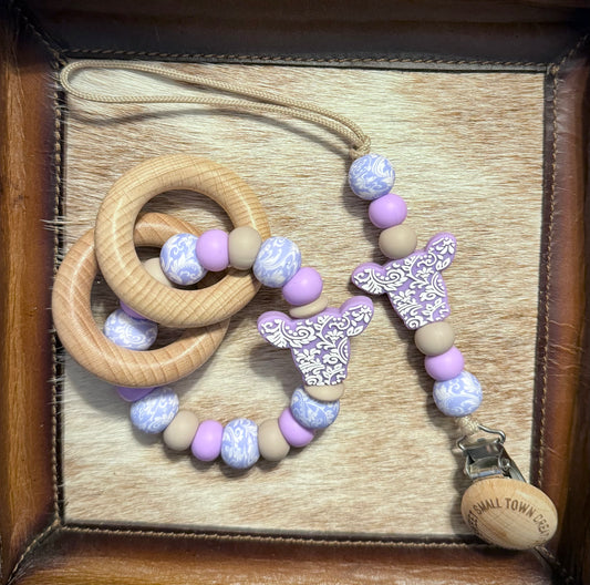 Purple Floral Cow Teether Set