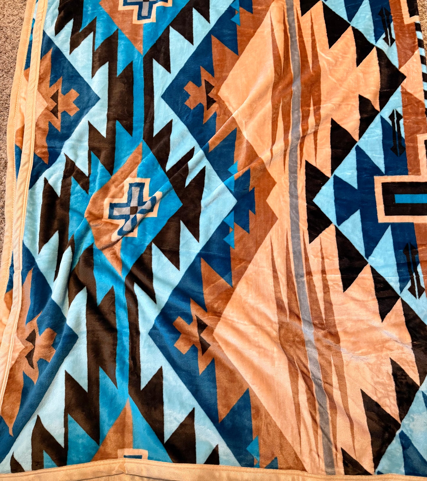 Brown Turquoise/ Blue Aztec King Size Super Plush Blanket