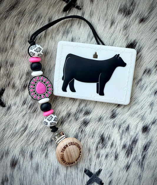 Show Cow Teether with Pink Blossom Aztec Clip